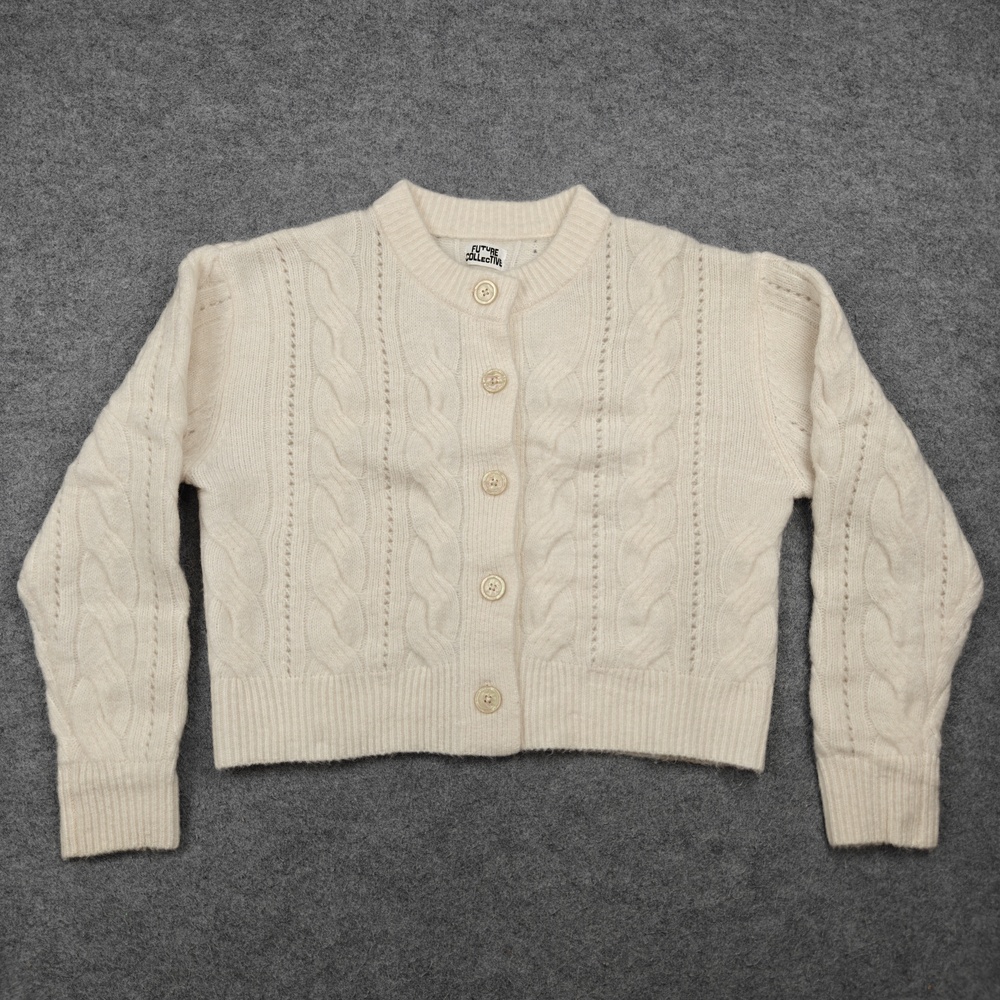 Future Collective Reese Blutstein Cardigan Womens Medium White Cable-Knit Button